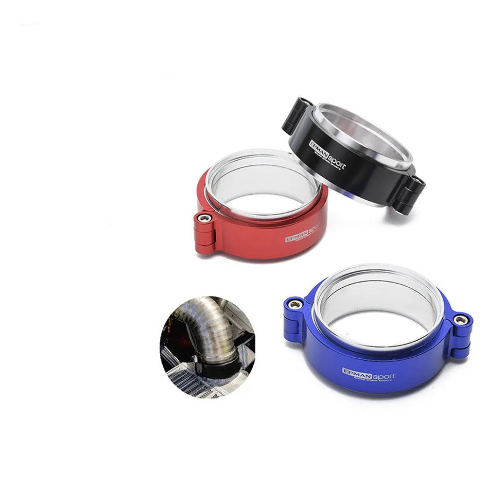 Aluminium turbocharger exhaust clamp in black, blue, or red for 2" to 4" downpipes