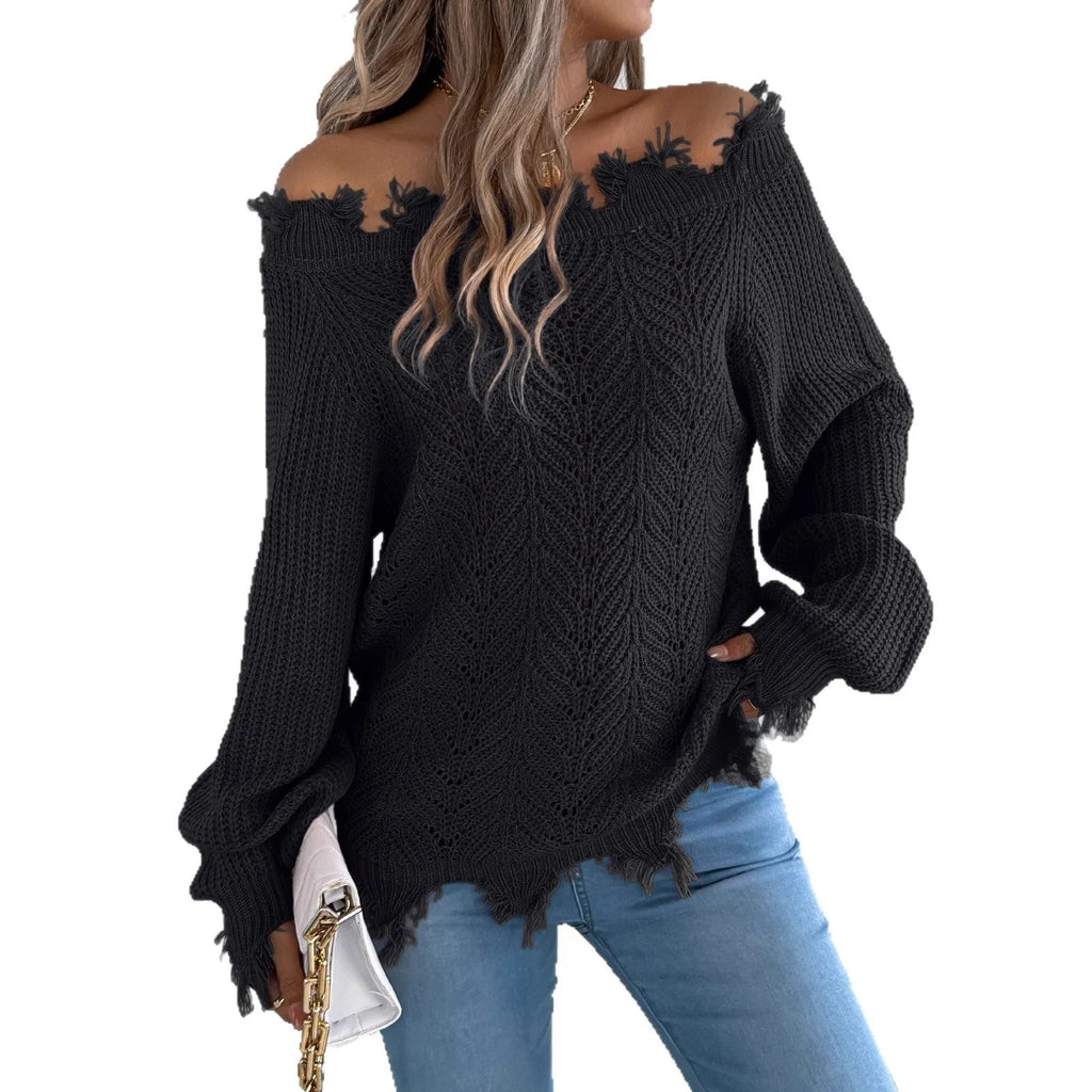 Women's white hollow-out pullover sweater with cut off-the-shoulder design and long sleeves