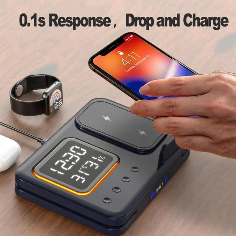 Black and white wireless charging station with LED digital display showing time temperature humidity
