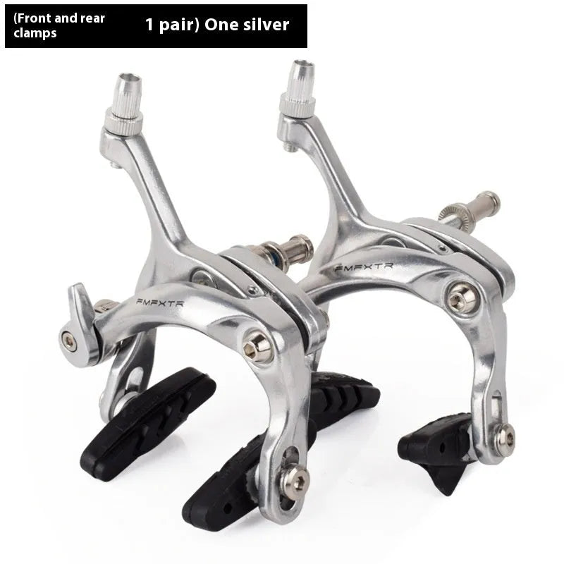 Pair of metal U-shaped dual-axis bicycle brake clamps in black and silver options for road bikes