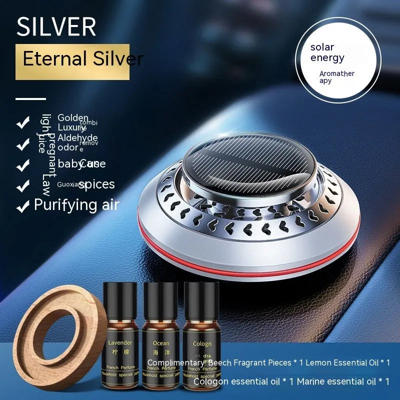 Solar-powered aluminium alloy car air freshener in black, red, or silver for odour removal.