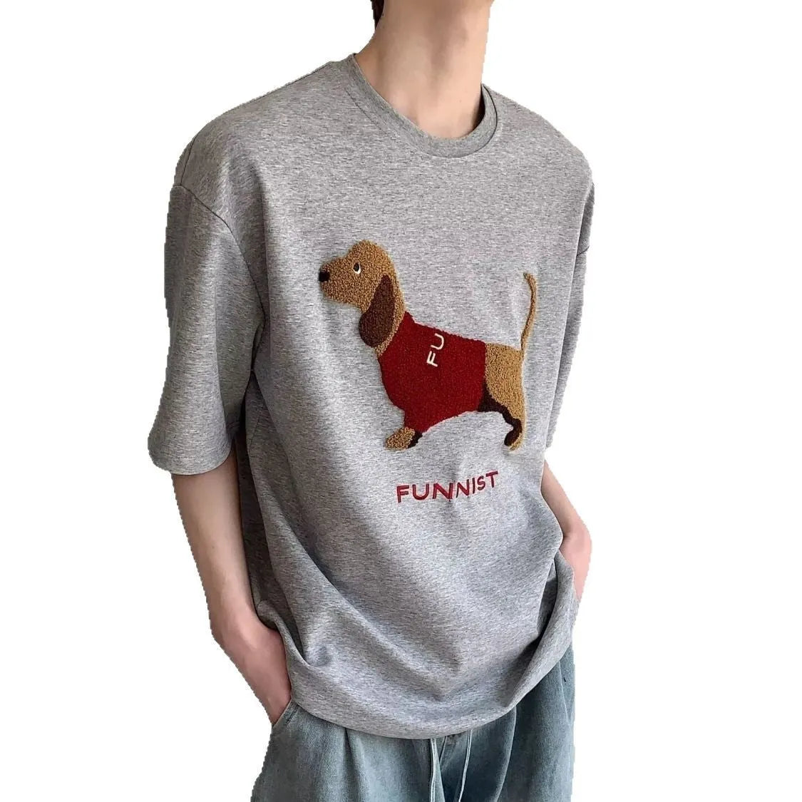 Men's grey cotton t-shirt with embroidered sausage dog design on front