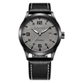 Men's black and silver automatic mechanical watch with leather strap showing 12mm thickness