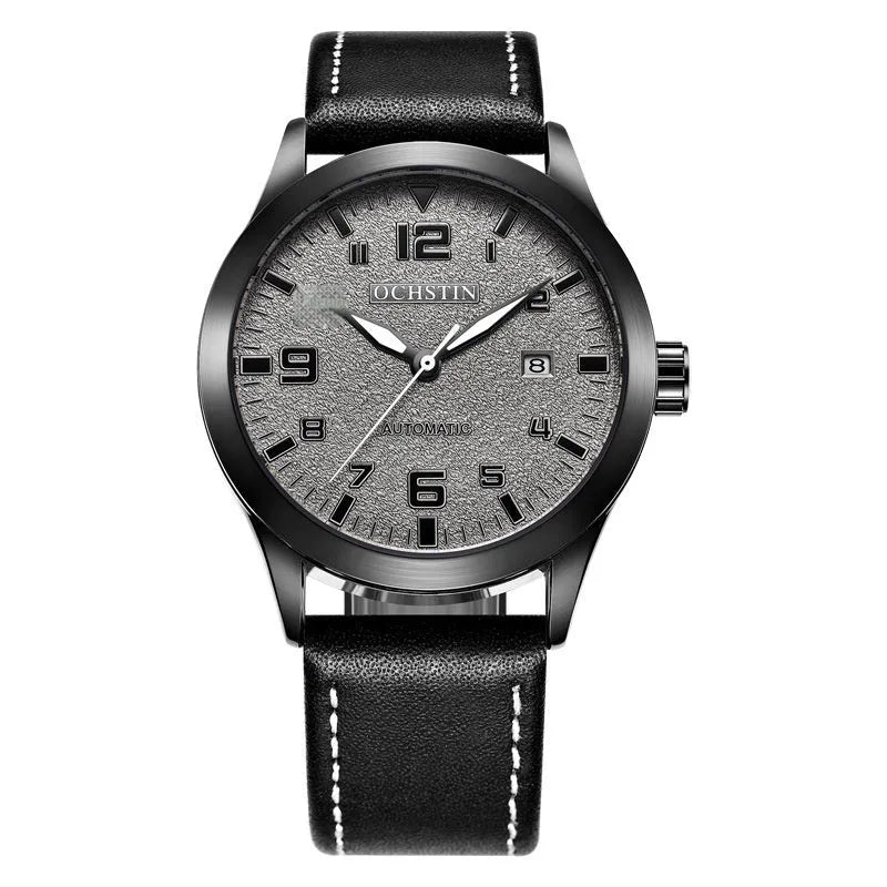Men's black and silver automatic mechanical watch with leather strap showing 12mm thickness