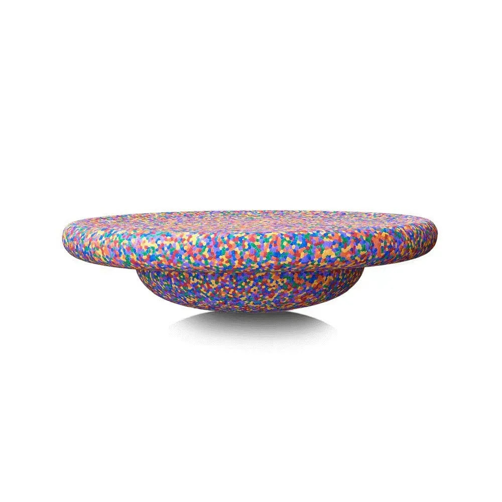 Plastic surfboard-shaped balance board for children, shown in mixed wood colour and black options.