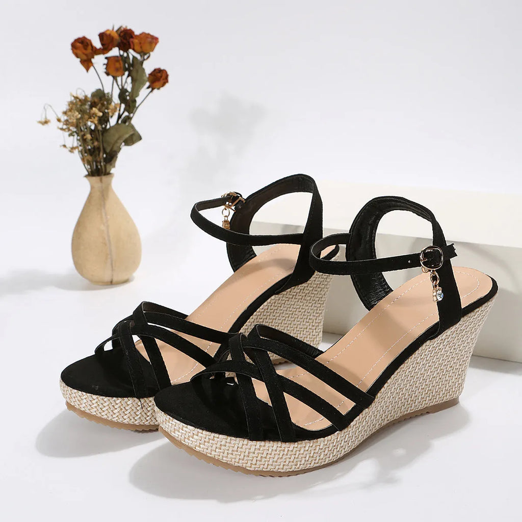 Women's wedge sandals with fish mouth toe design in black and milky white colours