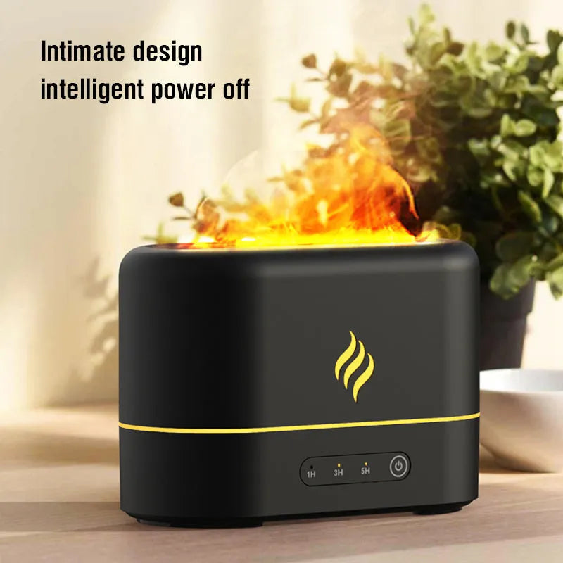 Black or white USB humidifier with seven-colour LED flame effect and mist outlet.