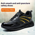 Anti-smashing labour protection shoes in orange, grey, green and yellow with leather uppers and rubber soles