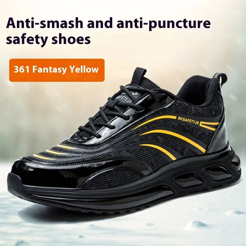 Anti-smashing labour protection shoes in orange, grey, green and yellow with leather uppers and rubber soles