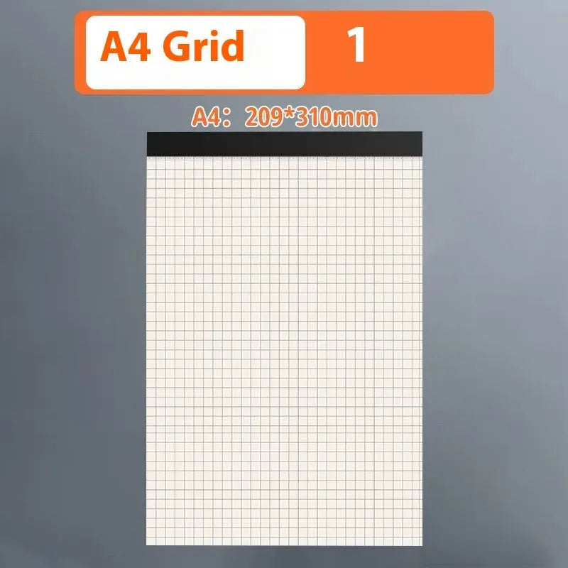 Set of A5, B5 and A4 writing pads with blank, grid and lined paper options showing tearable pages