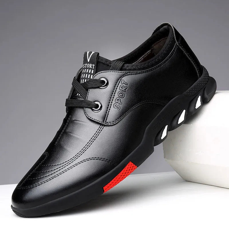 Men's black and brown PU leather shoes with flat heel and plain toe design