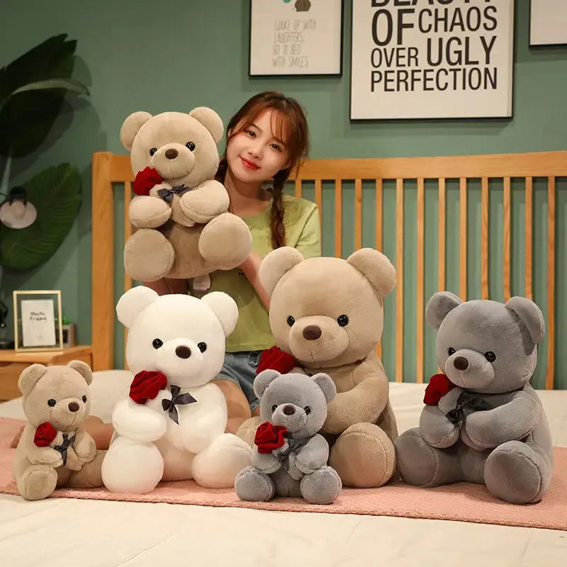Rose pattern teddy bear plush doll in beige, brown or grey colours with soft fabric texture