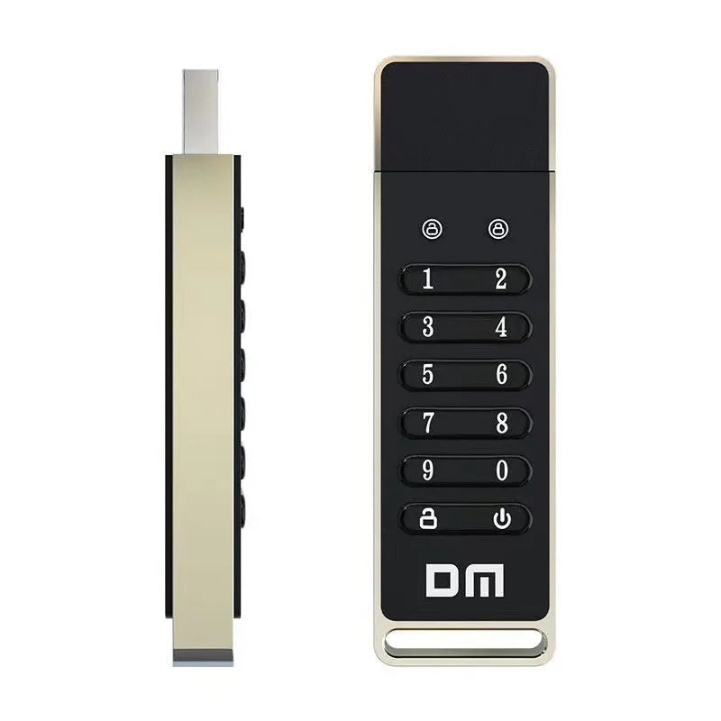 Metal encrypted USB flash drive with fingerprint sensor showing 64GB capacity and USB 3.0 interface