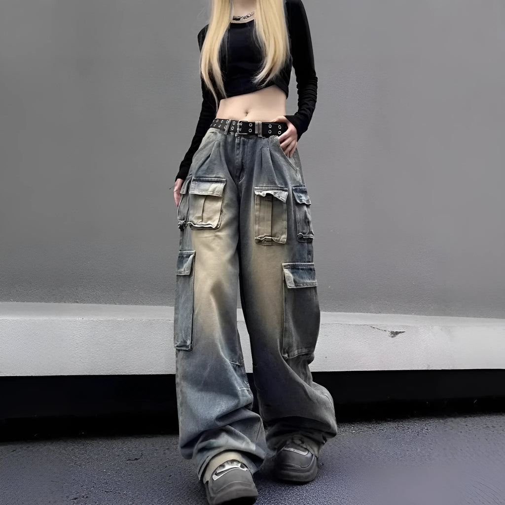 Loose fit distressed denim trousers with multiple pockets in light blue colour