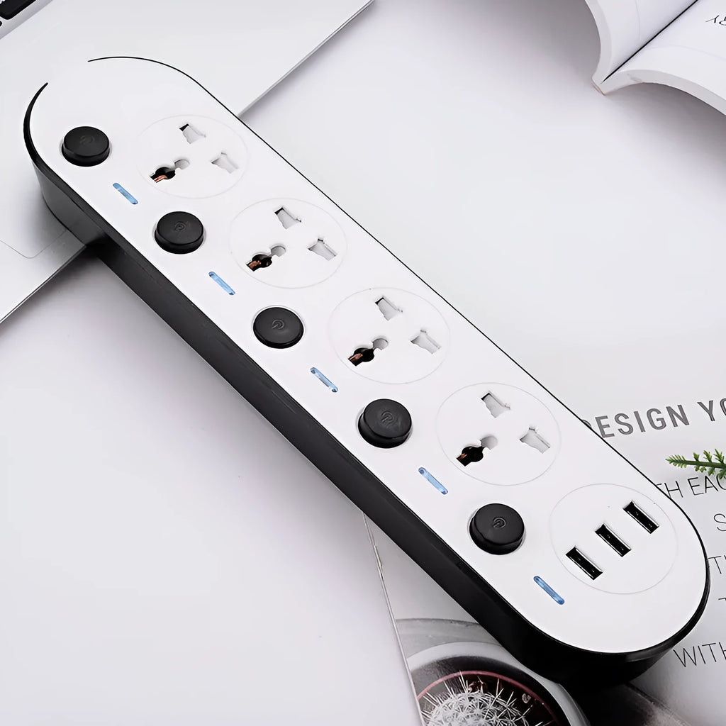 International power strip with UK, EU and US plugs, four sockets and USB charging ports