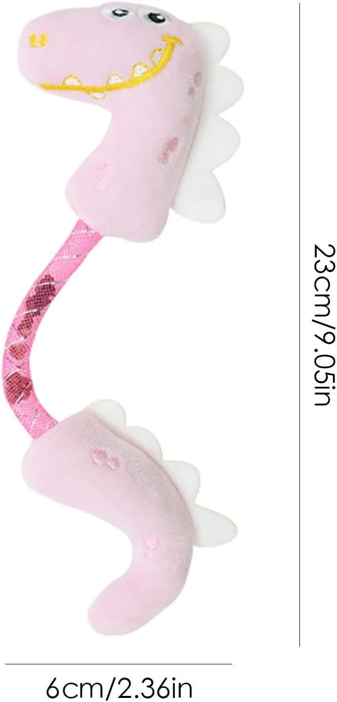Four interactive cat toys: catnip rope, plush fish, plush mouse, and plush bunny in pink