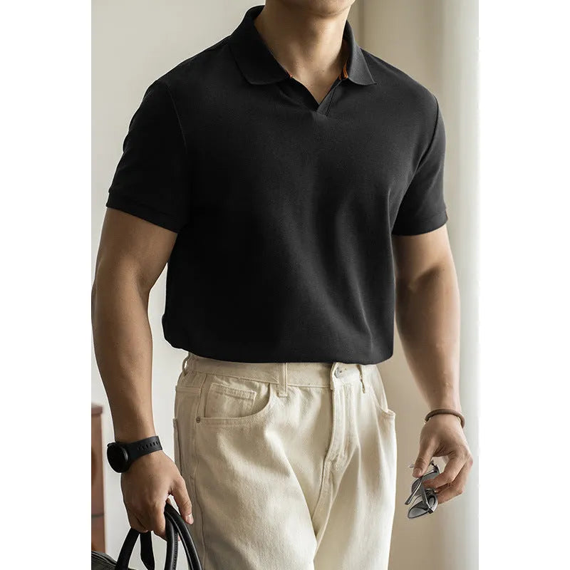 American-style short-sleeved polo shirt in blue, black, or white on a hanger.