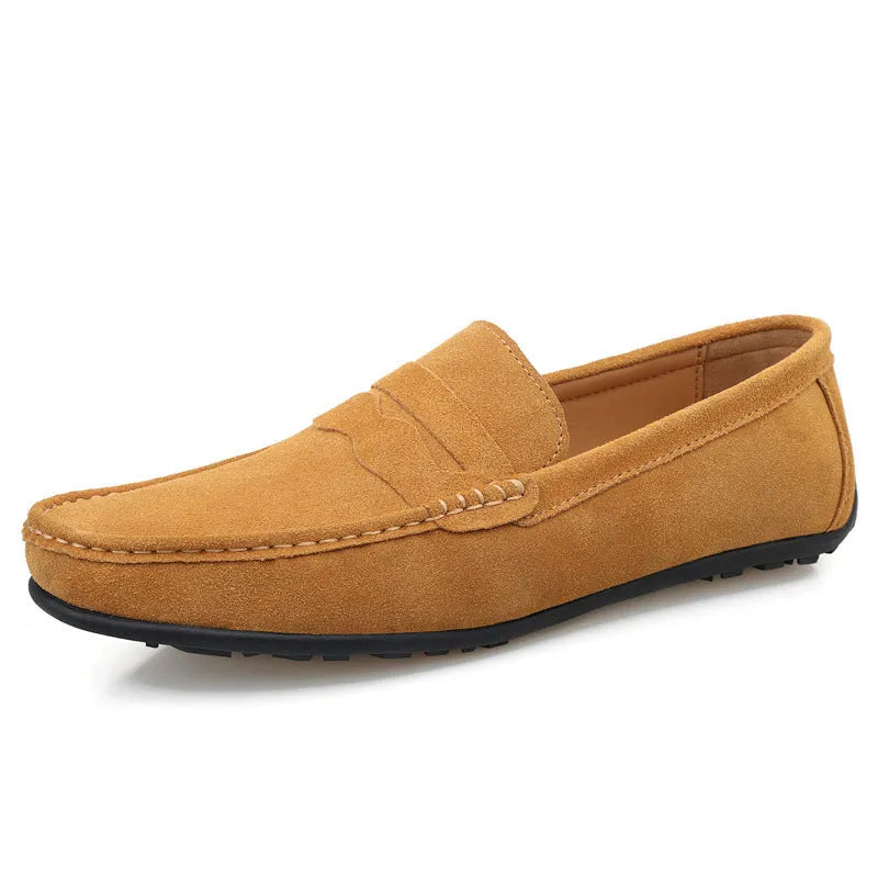 Men's suede leather loafers in solid colours with round toe and flat rubber sole