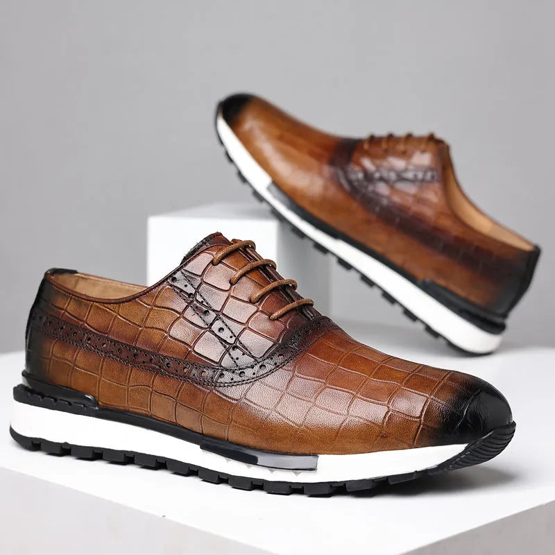 Men's brown lace-up casual calf leather loafers with rubber sole and low heel on display