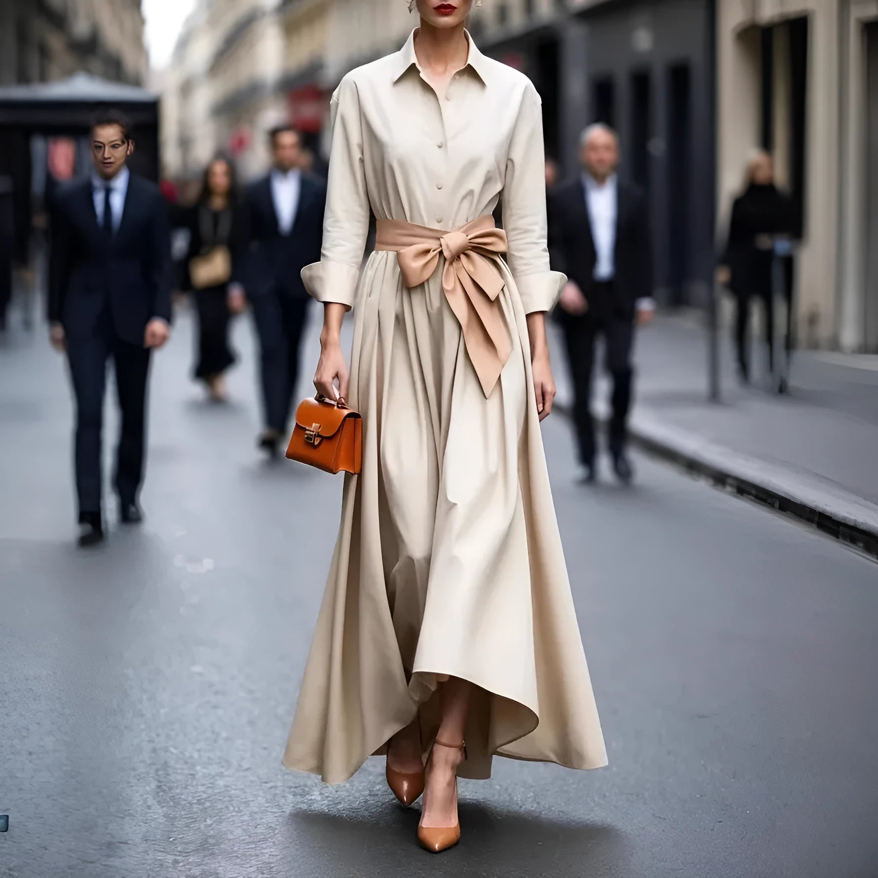 Solid colour maxi dress with lace-up front and asymmetric hem, in beige, black, navy blue or purplish red, polyester pullover style