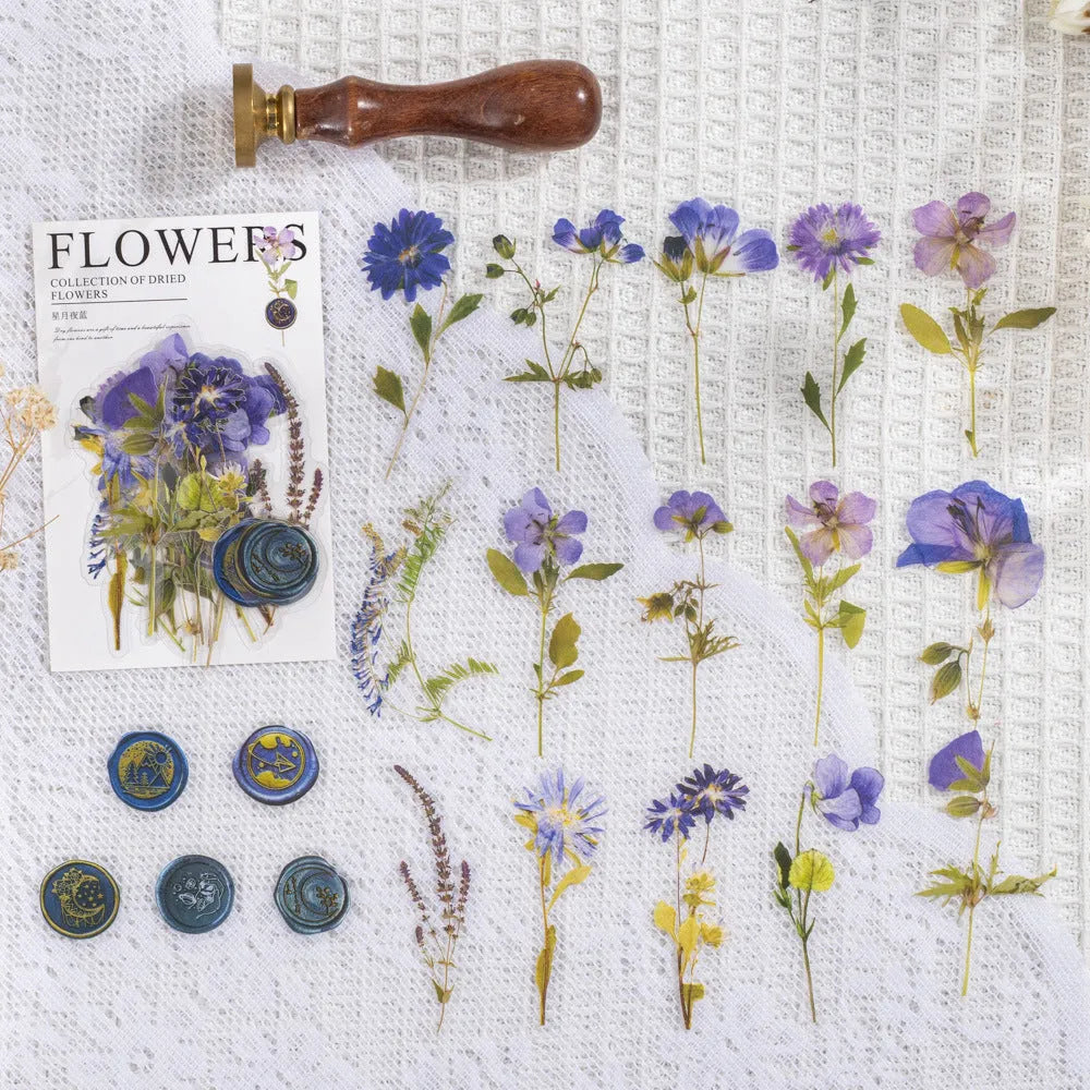 Dried flowers journal decoration stickers in 8 colour styles on PET sheets measuring 70x70mm