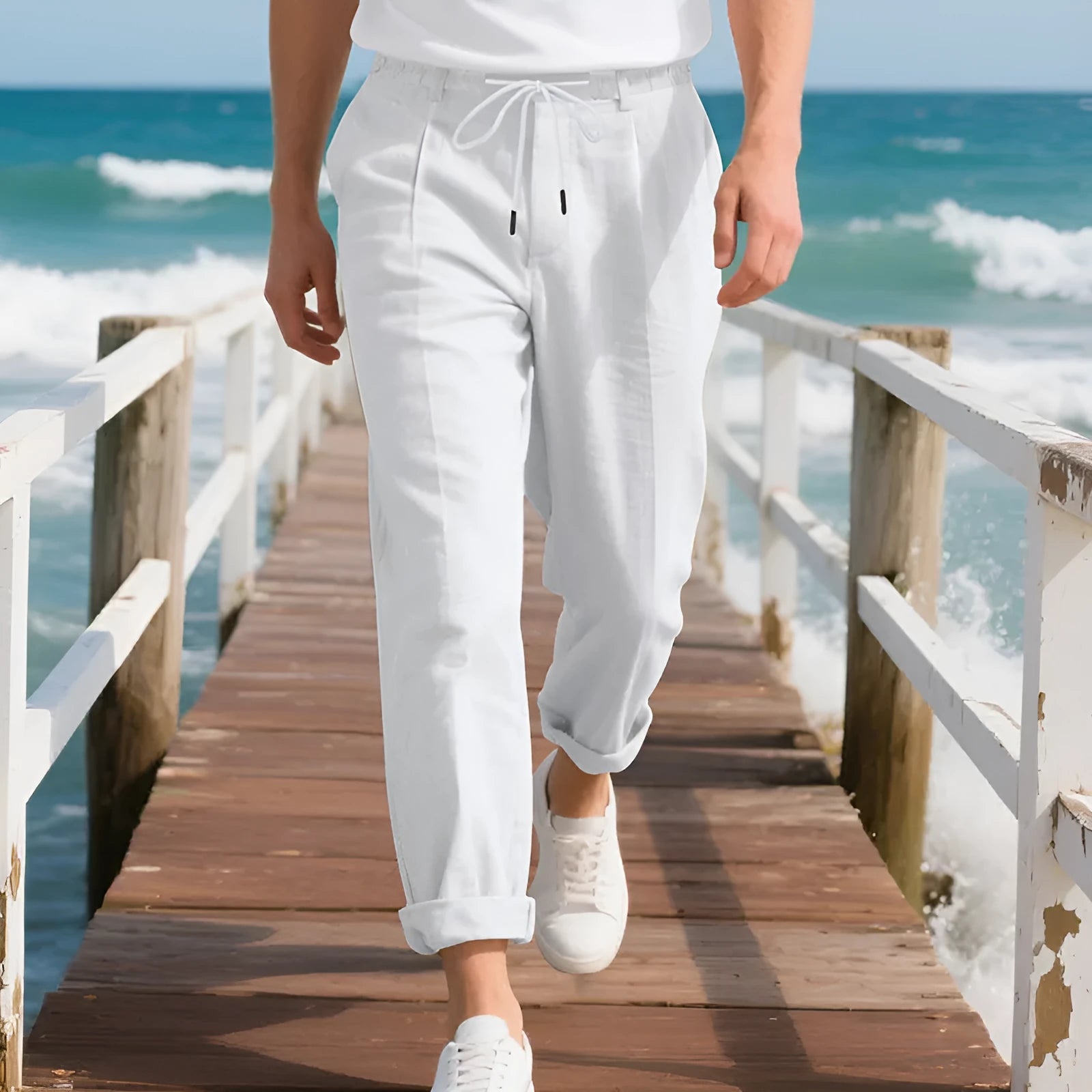 Men's linen casual trousers in loose straight fit with drawstring waist in various colours