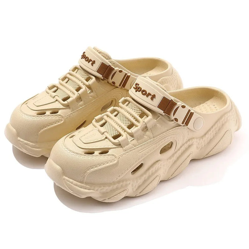 Men's khaki outdoor slippers with hollow out design and EVA non-slip sole