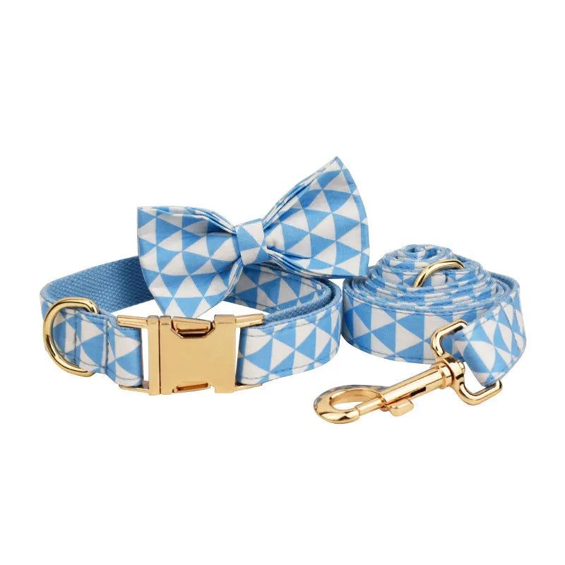 Blue triangular ring dog collar and lead set with matching vest and bow tie for pets