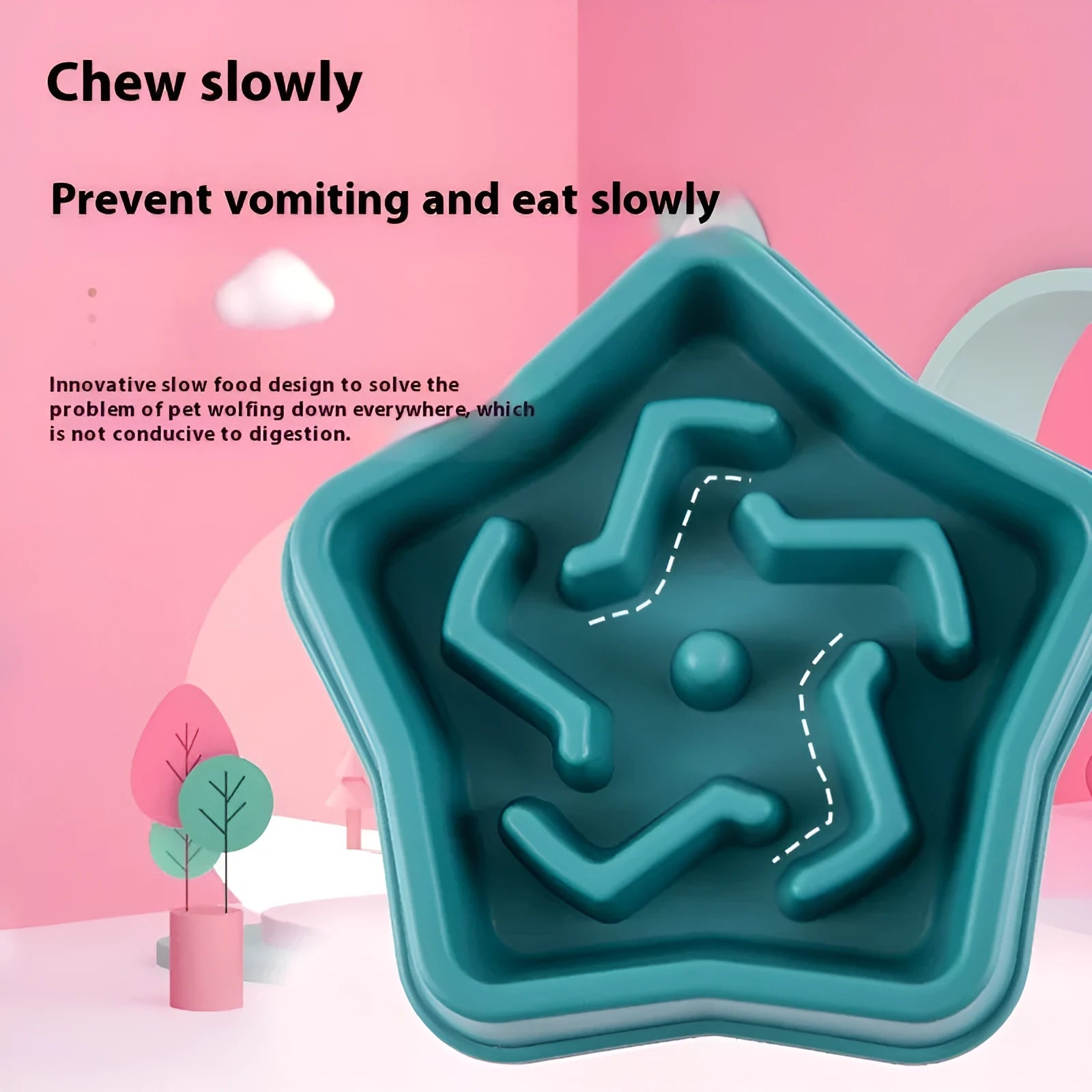 Yellow plastic dog slow feeder bowl with textured bottom pattern measuring 20.1cm diameter