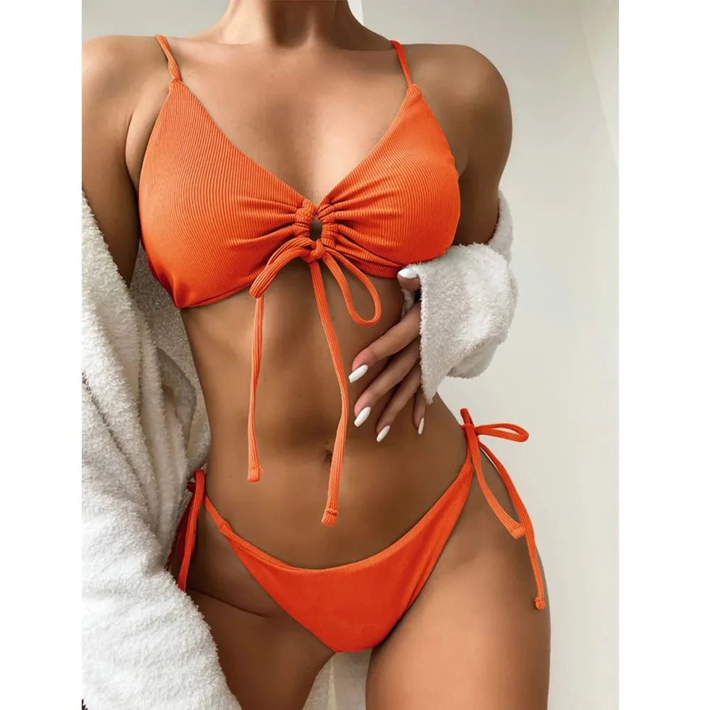 Women's solid colour drawstring bikini swimsuit in briefs style, shown in Army Green