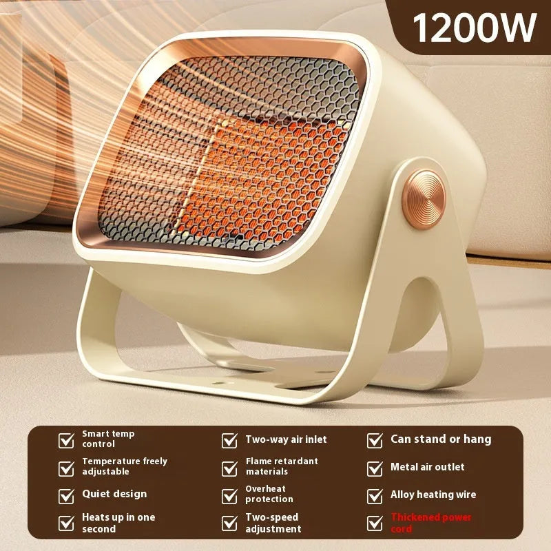 Grey PTC ceramic desktop heater with oscillation feature on wooden desk