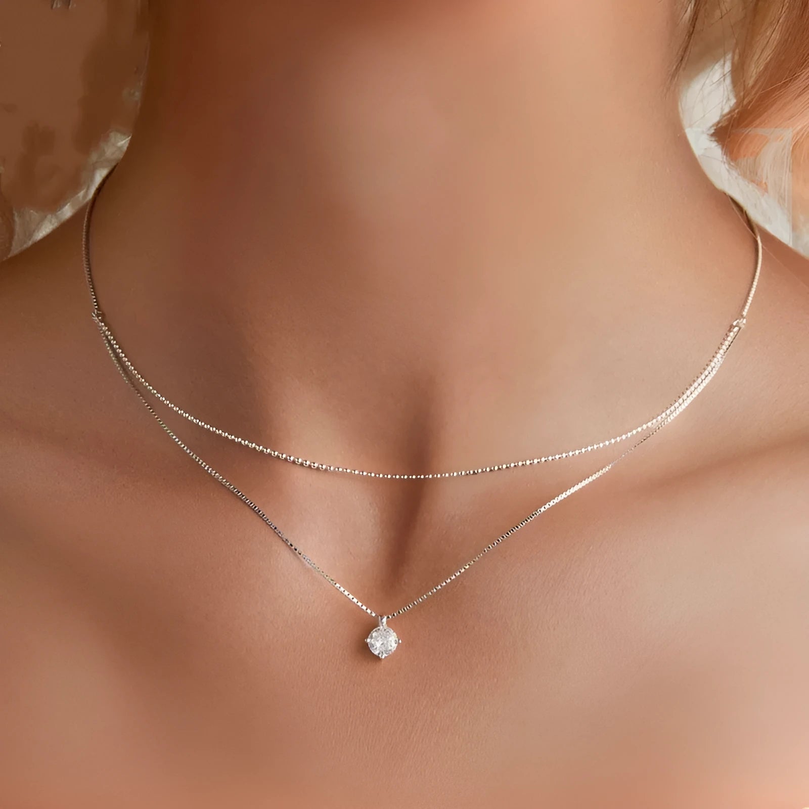 Silver double-layer necklace with S925 sterling silver pendant and pearl chain style
