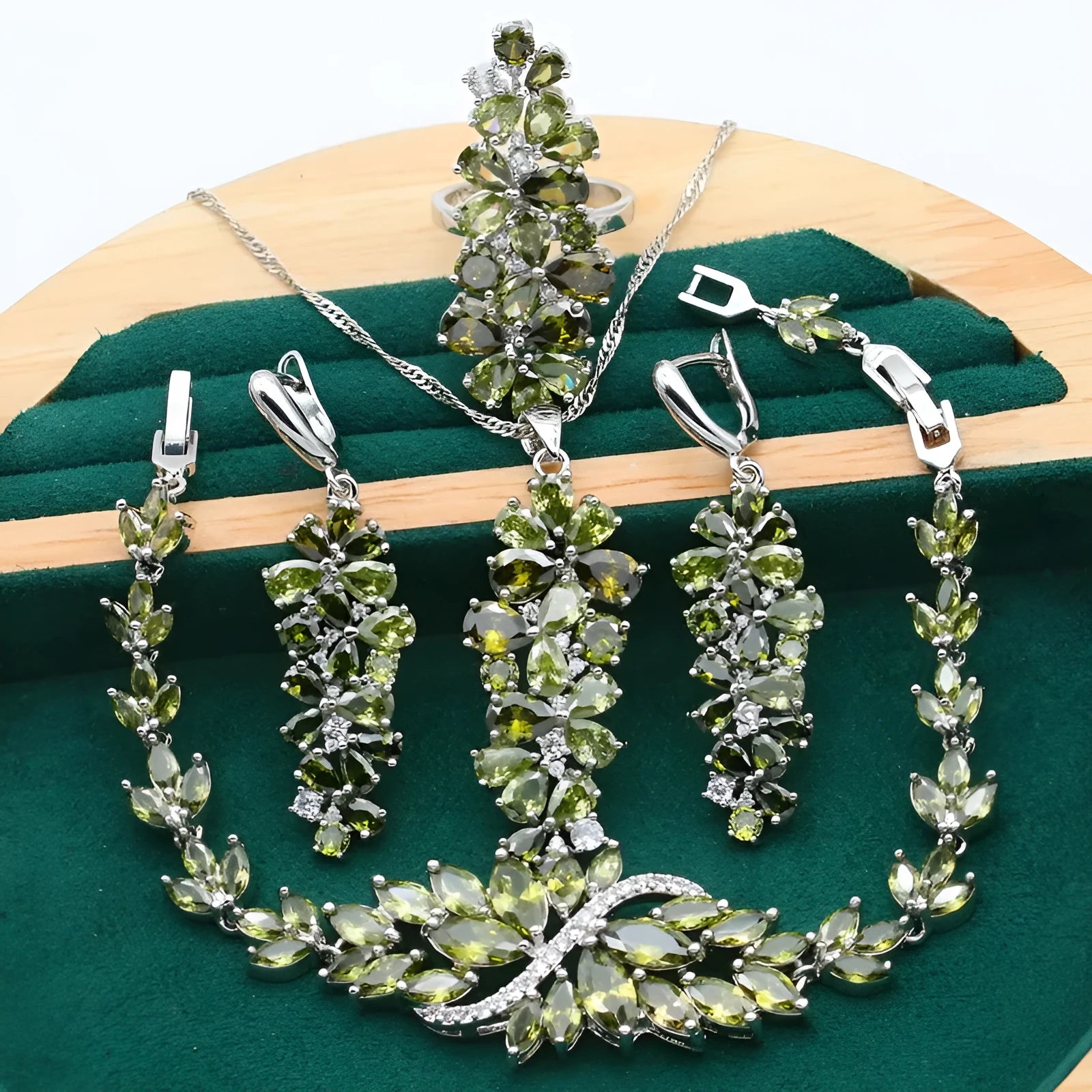 Retro alloy copper inlaid zircon jewellery set with plant and flower pattern in olive purple and colourful