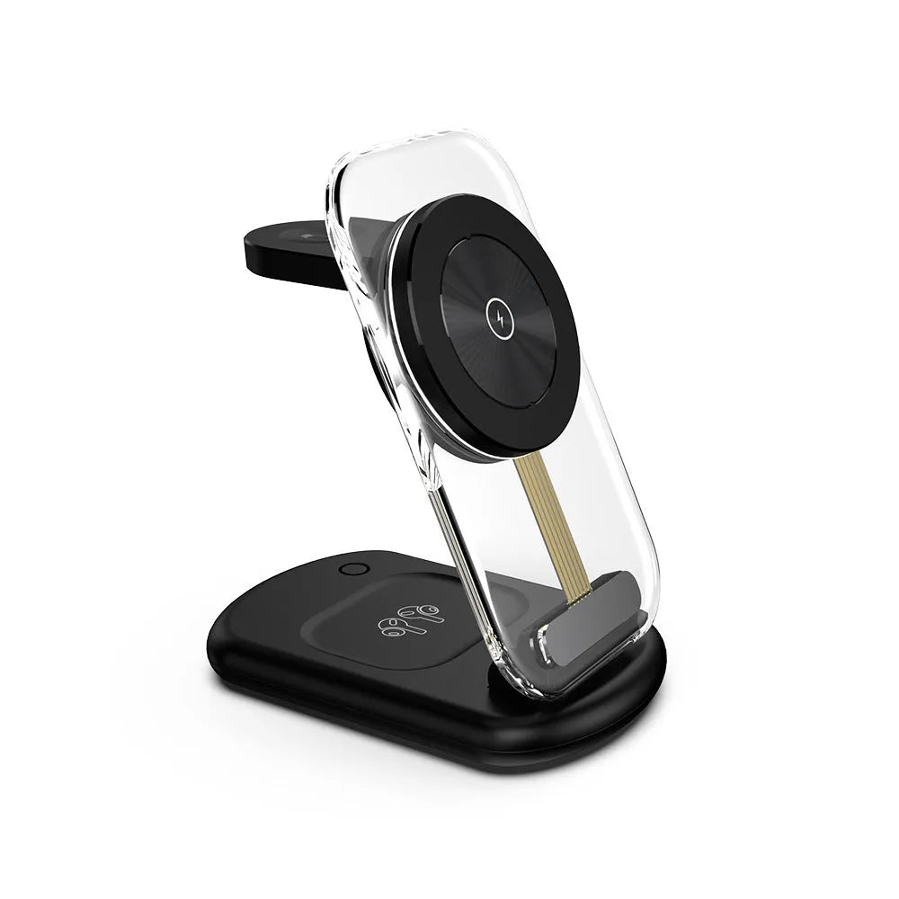 Transparent folding three-device magnetic wireless charger showing internal components