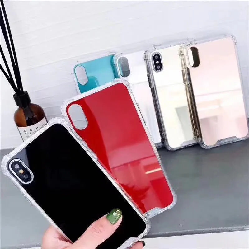 Reflective mirror phone case in soft TPU material available in multiple colours for various iPhone models showing back and side view