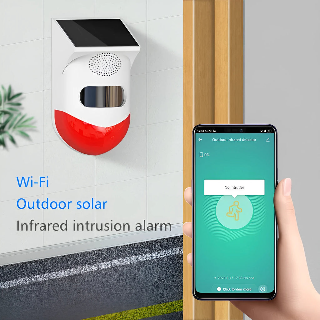 Solar-powered infrared security alarm with wall mount and remote control
