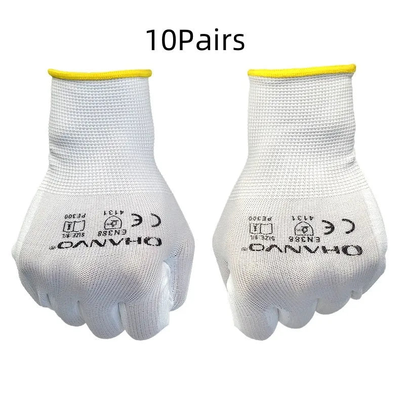 White PU coated labour gloves showing flexible construction and 24 cm length.