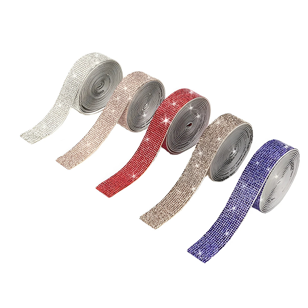 A one-yard long self-adhesive electroplated glass rhinestone strip on a roll, shown in white and AB colour variants.
