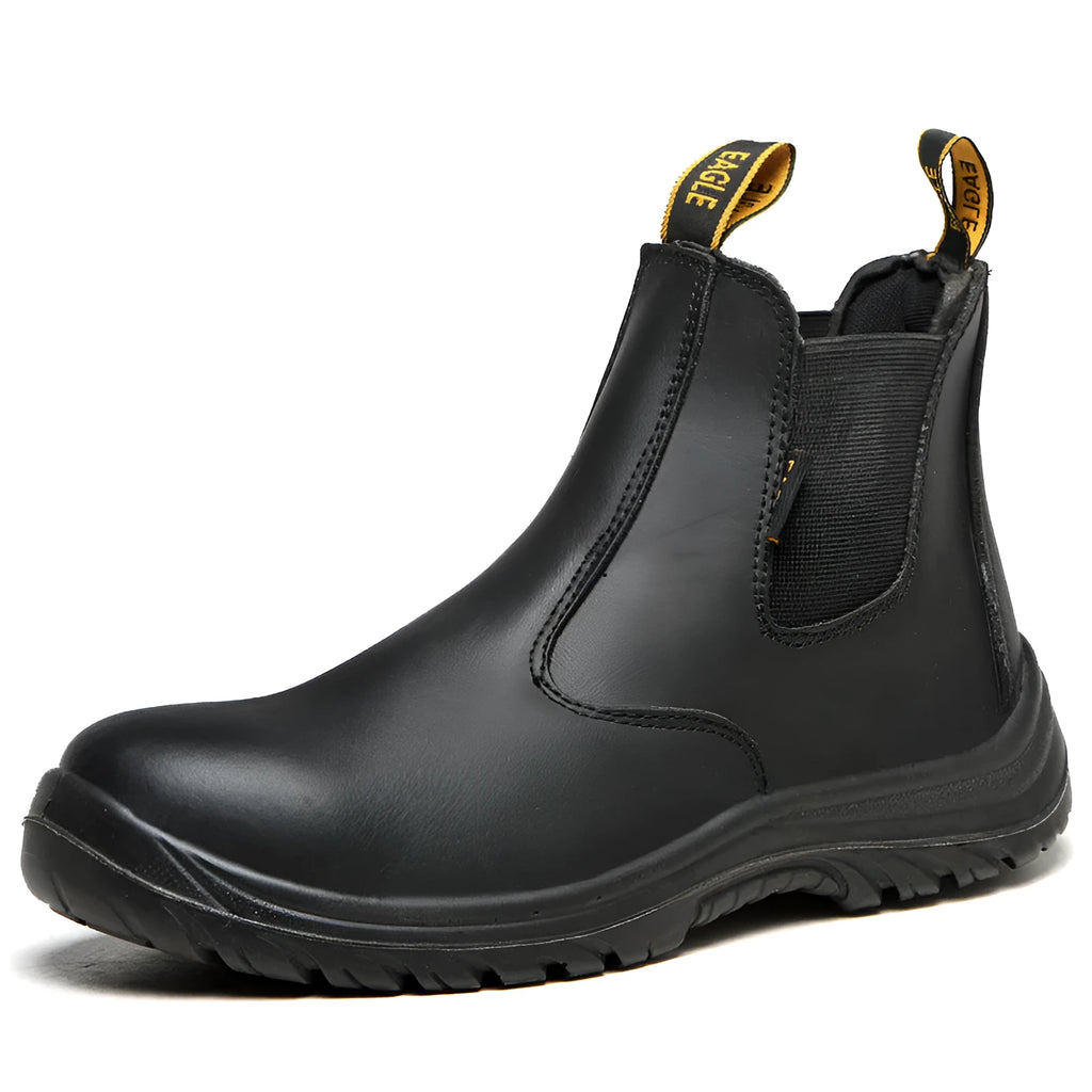 Black leather safety work boots with high-top design and anti-piercing sole