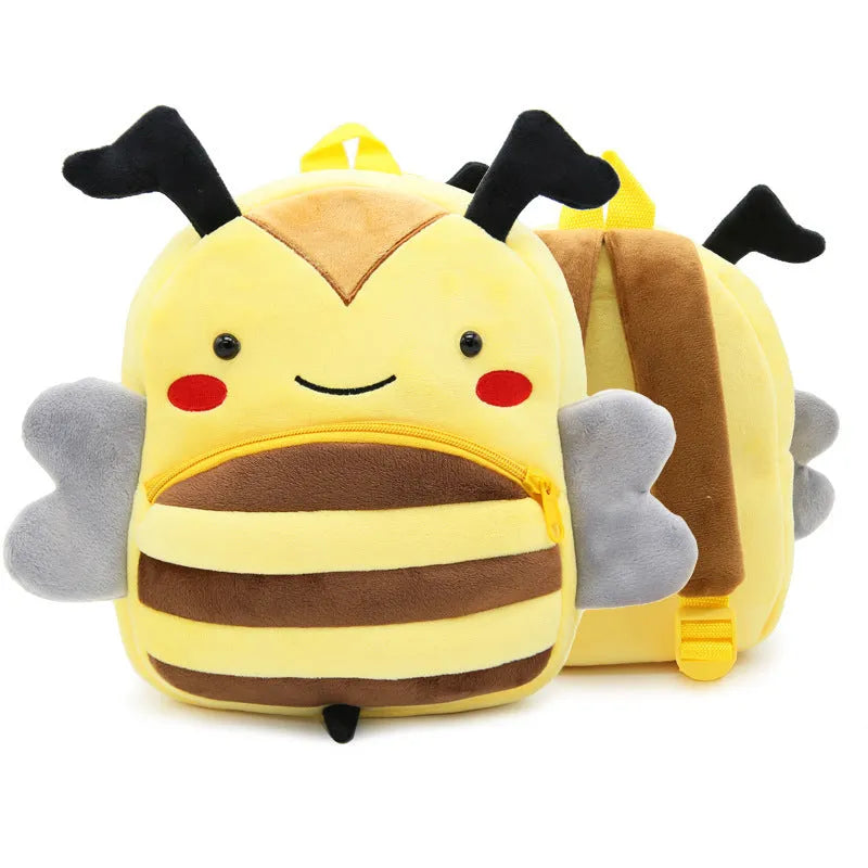 Children's plush animal backpack in various designs including elephant, bee, flamingo and unicorn styles