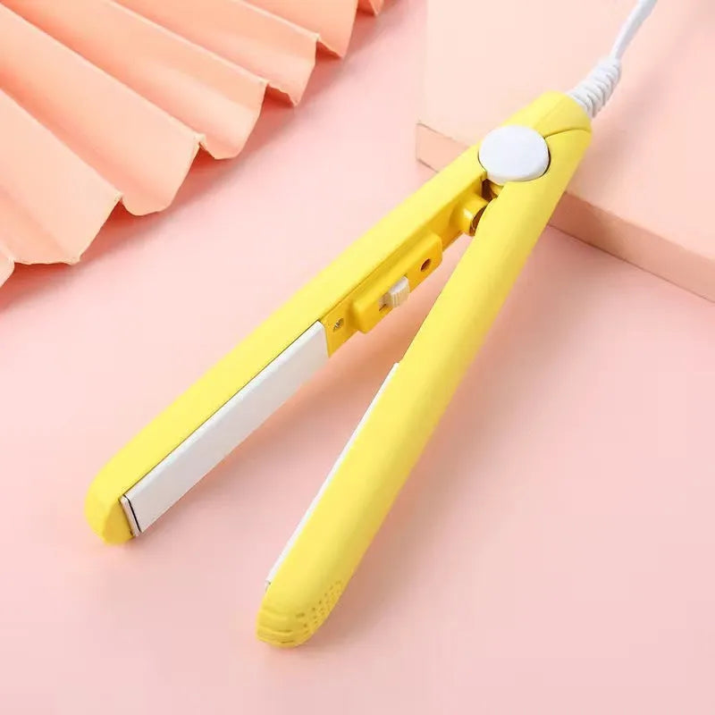 Mini hair straightener with storage box in choice of blue, pink, purple, white or yellow colour