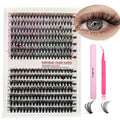 DIY mixed package of cluster false eyelashes showing 30D and 40D high-grade fibre lashes from 9mm to 16mm with tweezers.
