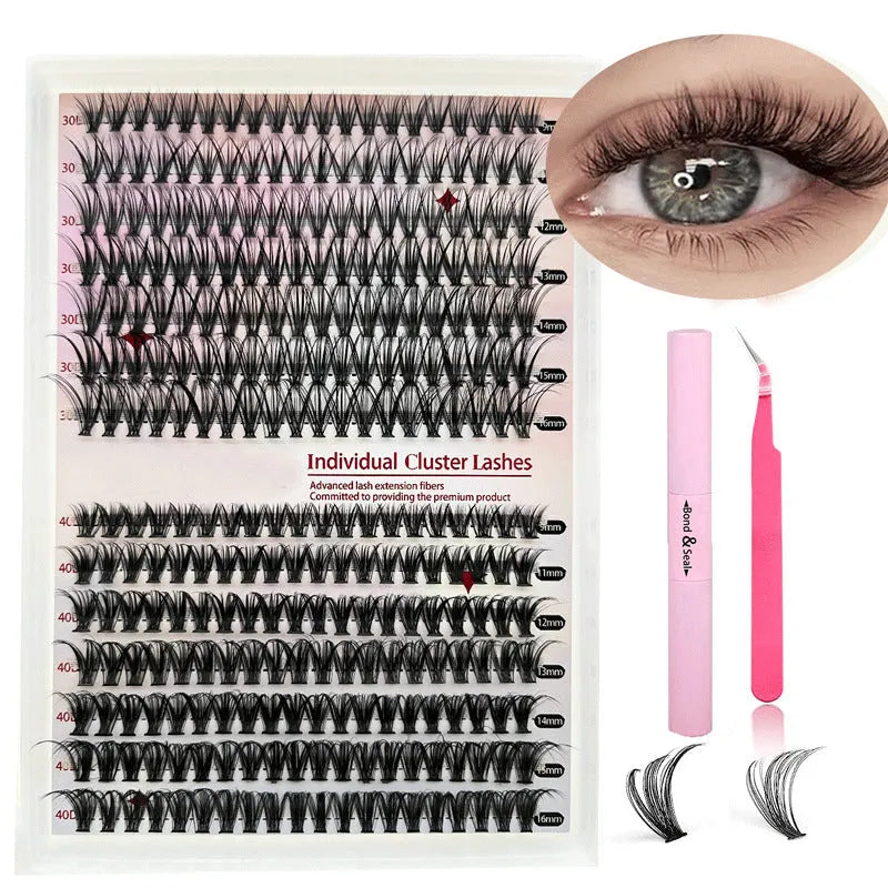 DIY mixed package of cluster false eyelashes showing 30D and 40D high-grade fibre lashes from 9mm to 16mm with tweezers.