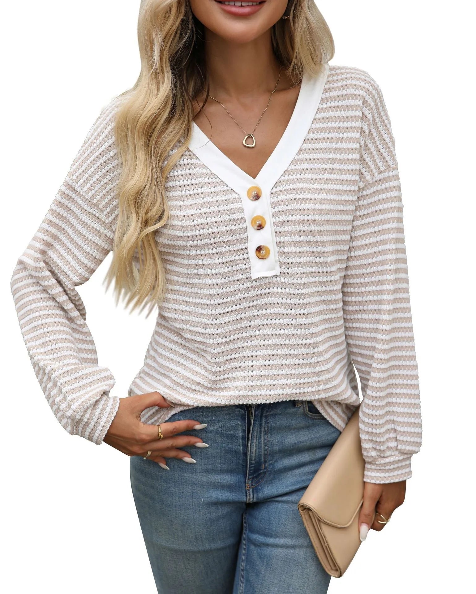 Women's V-neck patchwork pullover top in polyester fabric with loose fit