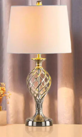 European style alloy bedside table lamp with touch controls for cold and warm dimmable light and USB charging socket