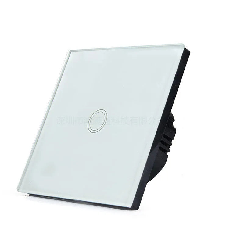 Type 86 touch-sensitive light switch with tempered glass panel in black, golden, or white.
