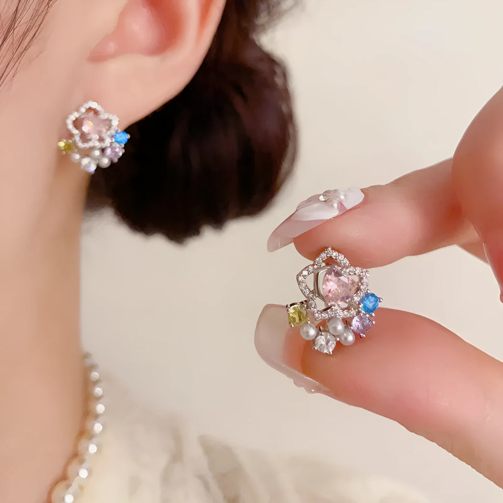 Full diamond silver petal stud earrings with real gold plating on copper, flower shape, in khaki colour