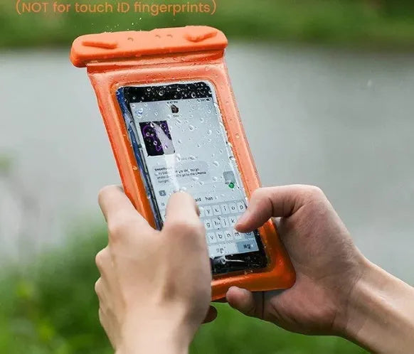 Orange waterproof phone pouch with black neck rope on a blue background.