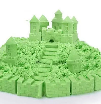 Kinetic space sand in multiple colours including blue, green, orange, pink, purple, red, rose, and sand colour in plastic bag packaging
