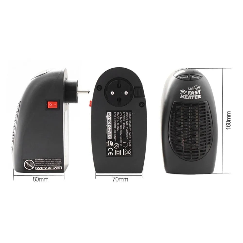 Compact black ceramic electric heater with digital display and rotating plug on a desk
